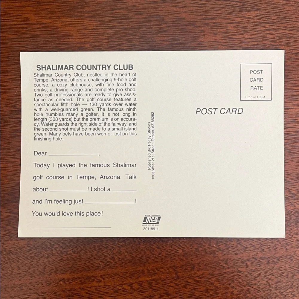 Vintage Shalimar Country Club Golf Course Tempe, AZ Unposted Postcard
